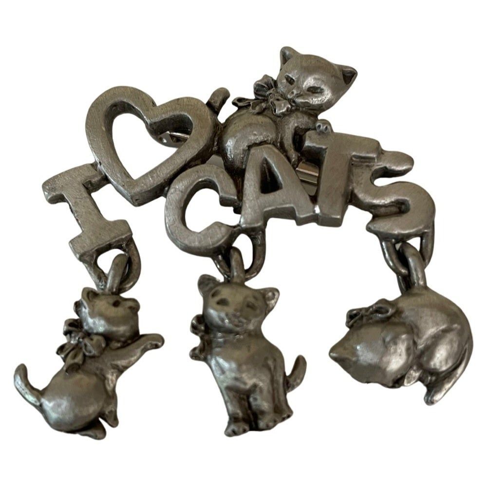Vintage Spoontiques I Love Cats Heart Dangle Kitty Cats Pewter Metal
